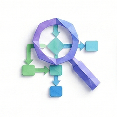Decide - origami magnifying glass over a decision flow diagram