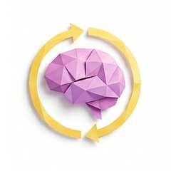 Learn - origami brain inside a circular loop of arrows representing continuous learning