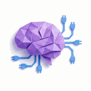 Wire the brain - origami purple brain with blue cables plugging into your existing tools
